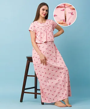 Bella Mama Half Sleeves Maternity & Nursing Nighty Flamingo Print - Peach