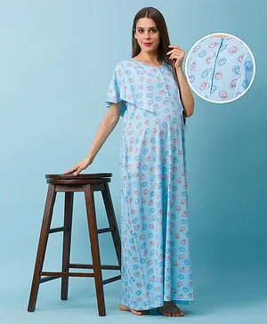 Bella Mama Half Sleeves Maternity Nighty Clock Print - Blue