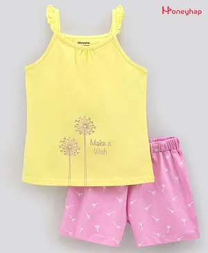 Honeyhap 100% Cotton Flutter Sleeves Top & Shorts Set With Silvadur Antimicrobial Finish Floral & Text Print - Pink Yellow