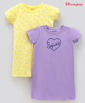Honeyhap Short Sleeves Nighty Heart Print Pack of 2 - Yellow Purple