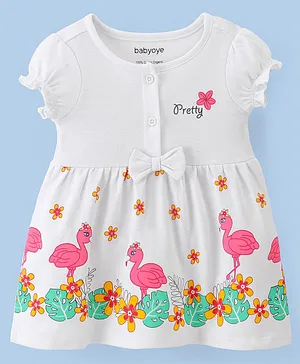 Babyoye Puffed Sleeves Cotton Frock with Bloomer Flamingo Print - White