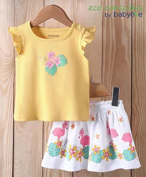 Babyoye Half Sleeves Cotton Top and Skirt Set Flamingo Print - Yellow Pink
