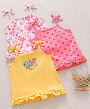 Babyoye Cotton Singlet Sleeves Tops Printed Pack of 3 - Yellow Pink
