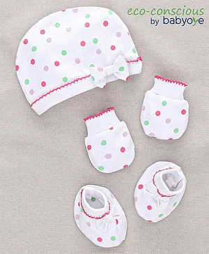 Babyoye 100% Cotton Caps Mittens & Booties Bear Print White- Diameter 17.5 cm