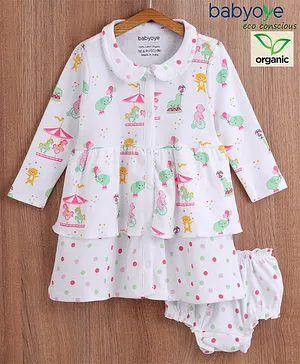 Babyoye Full Sleeves Cotton Frock With Bloomer Carnival Print- White