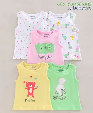 Babyoye Organic Cotton Sleeveless Tops Pack Of 5 Animal Print - Multicolor