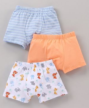 Babyhug 100% Cotton Striped & Animal Printed Briefs Pack Of 3 - Blue Orange & White