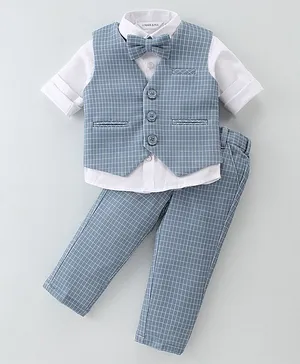 Mark & Mia Knit Full Sleeves Solid Shirt & Trouser Set With Waistcoat - Blue
