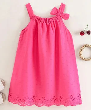 Babyhug 100% Cotton Singlet Solid Color Embroidered Schiffley Frock With Bow Applique - Pink