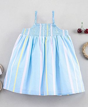 Babyhug 100% Cotton Yarn Dyed Smocked Singlet Striped Frock - Blue