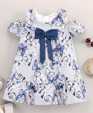 Babyhug 100% Cotton Yarn Dyed Cold Shoulder Sleeves Frock With Stripes & Butterfly Print - Blue