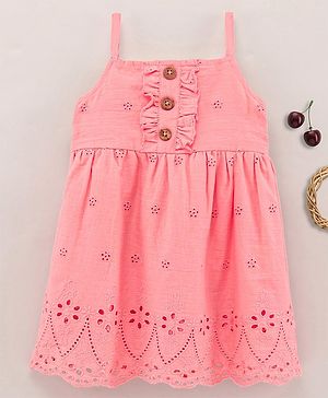 Babyhug 100% Cotton Woven Singlet Frock Schiffley Embroidery - Pink
