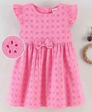 Babyhug Frill Sleeves Frock Dress Schiffli Design - Pink