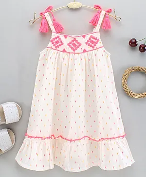 Babyhug 100% Cotton Contrast Jacquard Butta Singlet Sleeves Embroidered Frock - White Pink