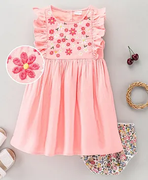 Babyhug Ruffle Sleeves Frock With Floral Embroidery & Bloomer - Peach