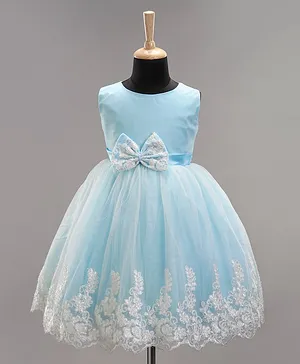 Bluebell Sleeveless Party Wear Embroidered Frock With Bow - Blue