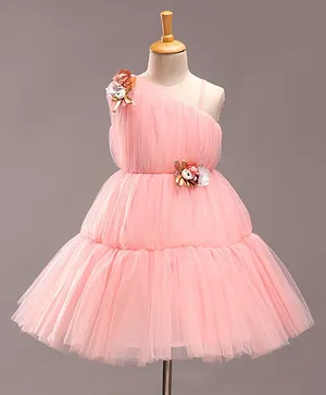 Bluebell Sleeveless Party Wear Tiered Tutu Frock with Corsage Applique - Pink