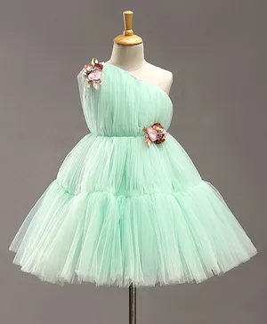 Bluebell Sleeveless Party Wear Tiered Frock with Corsage Applique - Green