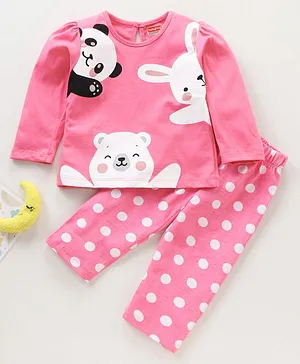 Babyhug Full Sleeves T-Shirt & Pyjama Set Bear Print - Pink