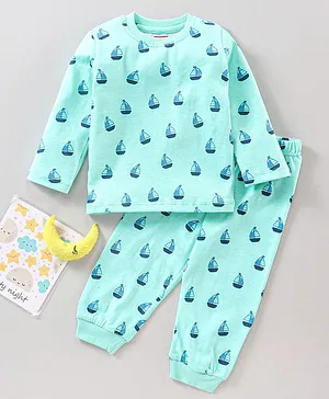 Babyhug Full Sleeves Night Suit Boat Print - Blue