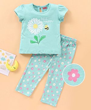 Babyhug Half Sleeves Top with Pyjama Floral Print - Blue