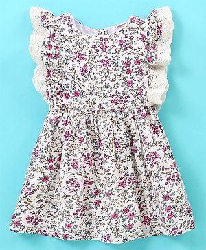 Babyhug 100% Rayon Frill Sleeves Frock With Embroidery & Floral Print- Ivory
