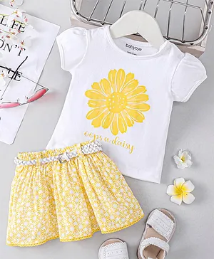 Babyoye Cotton Cap Sleeves Top & Skirt Set Floral Print- Gold White