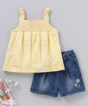 Babyoye Sleeveless Top & Shorts Floral Print - Yellow Blue