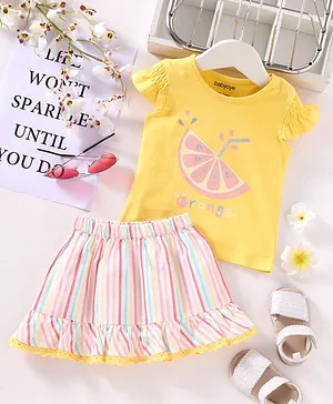 Babyoye Cap Sleeves Top & Striped Skirt Lemon Print - Multicolor