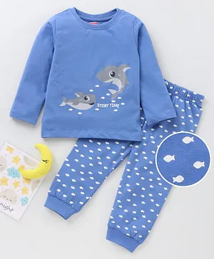Babyhug Cotton Full Sleeves Pajama Set Sharks Printed - Blue