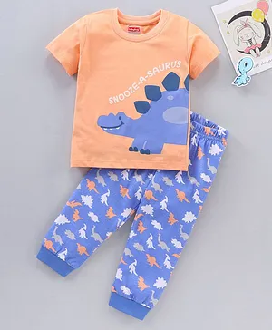 Babyhug Cotton Knit Half Sleeves Dino Print Night Suit - Peach