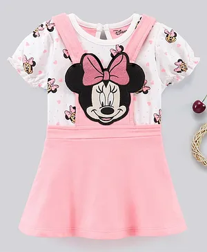 Babyhug Sleeveless Minnie Mouse Applique Frock & Printed Inner Tee - Pink White