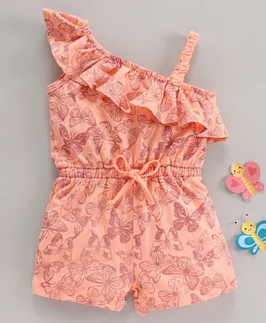 Babyhug 100% Cotton Sleeves Butterfly Prrinted Jumpsuit - Peach