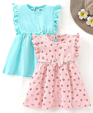 Babyhug Sleeveless 100% Cotton Frocks With Bow Applique Hearts Print Pack of 2- Pink Turquoise
