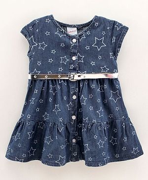 Babyhug Cap Sleeves Denim Frock With Belt Star Print - Blue