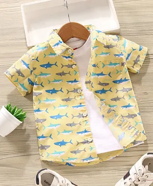Babyhug Half Sleeves Shirt With A Tee Whale Print- Yellow