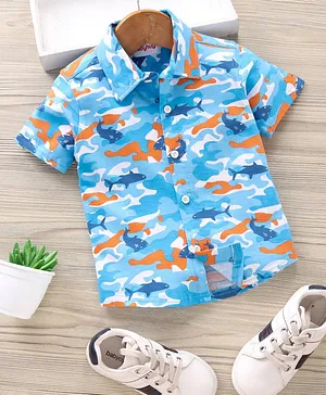 Babyhug Half Sleeves Knitted Shirt Fish Print - Blue