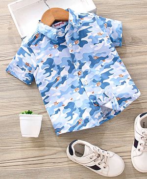 Babyhug Half Sleeves Knitted  Printed Shirt - Blue