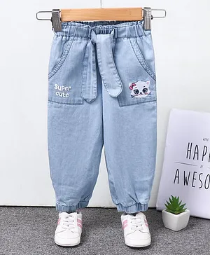 Babyhug Full Length Washed Jeans with Belt Tie Up Kitty Embroidery - Light Blue