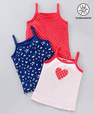 Babyhug Sleeveless Cotton Antibacterial Slips Dot Floral And Heart Print Pack Of 3 - Blue White Pink