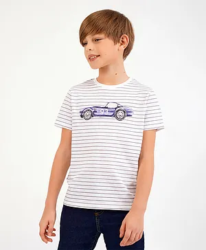 Primo Gino 100% Cotton Half Sleeves T-Shirt Striped & Car Print - White