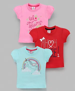 Mini Donuts Half Sleeves Tops Text Print Pack of 3 - Pink Blue Red