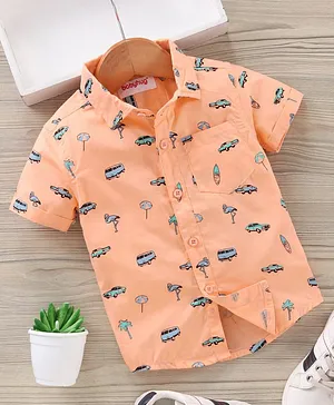 Babyhug Half Sleeves Cotton Vehicle Print Shirt - Light Orange