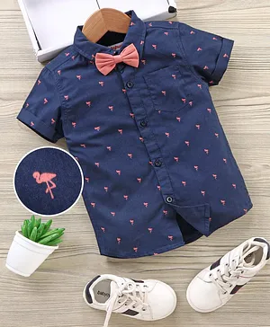 Babyhug Half Sleeves Cotton Party Wear Shirt with Bow Flamingo Print - Blue