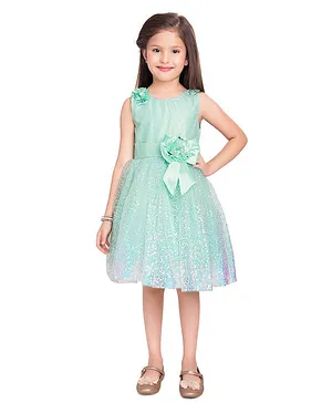 Betty By Tiny Kingdom Sleeveless Bow Applique On Sequin Embellished Net Party Dress - Green