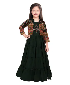 Betty By Tiny Kingdom Three Fourth Sleeves Stones Embellished Detailing Yoke Party Gown & Jacket - Green