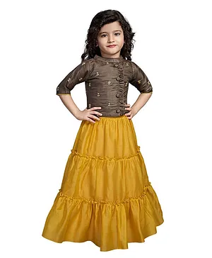Betty By Tiny Kingdom Three Fourth Sleeves Sequins Detailing Top With Party Wear Skirt - Mustard