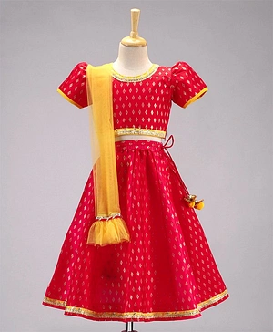 Saka Designs Half Sleeves Embroidered Choli & Lehenga With Dupatta - Red Pink