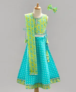 Saka Designs Sleeveless Printed Choli & Lehenga With Dupatta - Green Blue