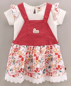 Dew Drops Dungaree Style Cotton Frock With Short Sleeves T-Shirt Floral Print - Peach White